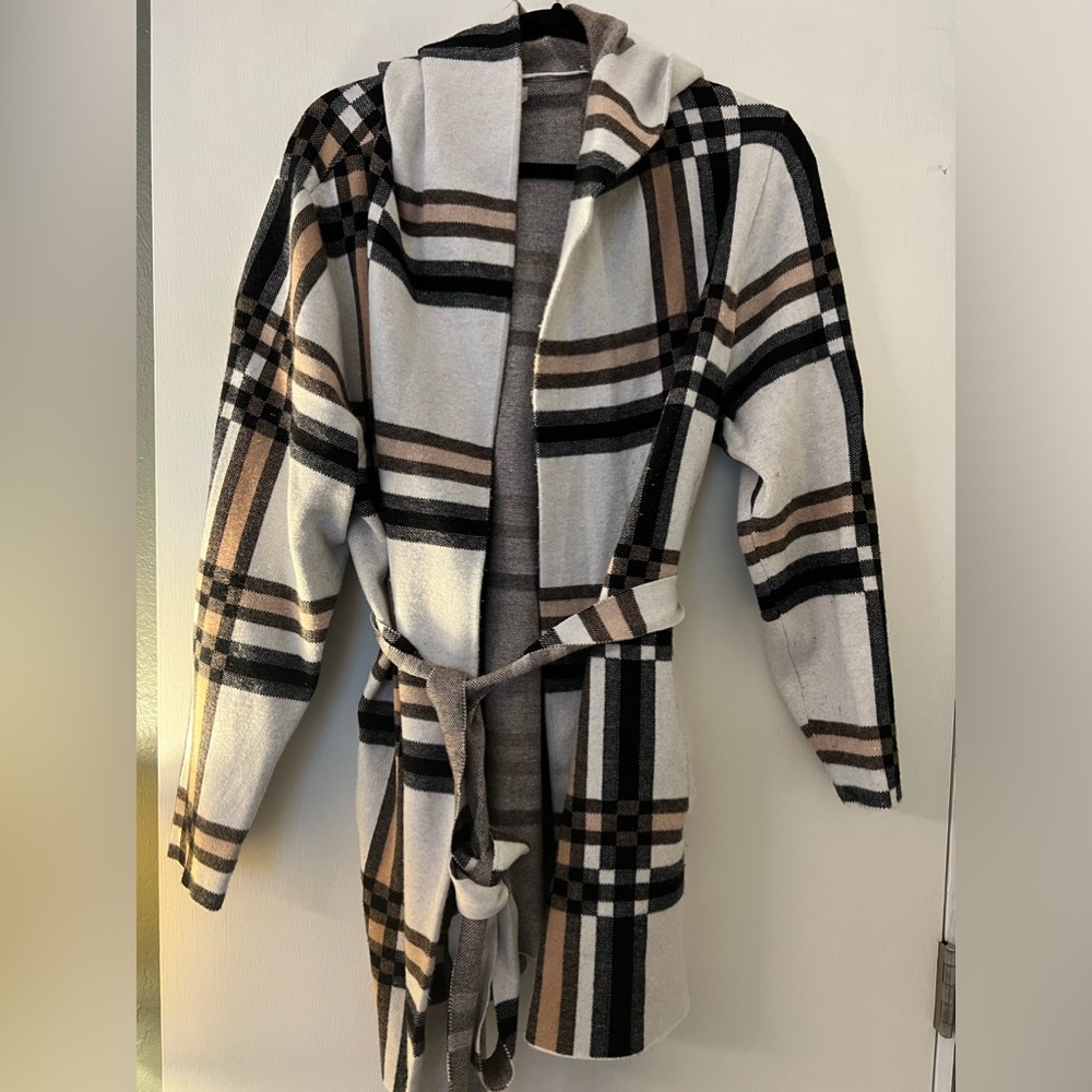 Tie front, hooded sweater jacket